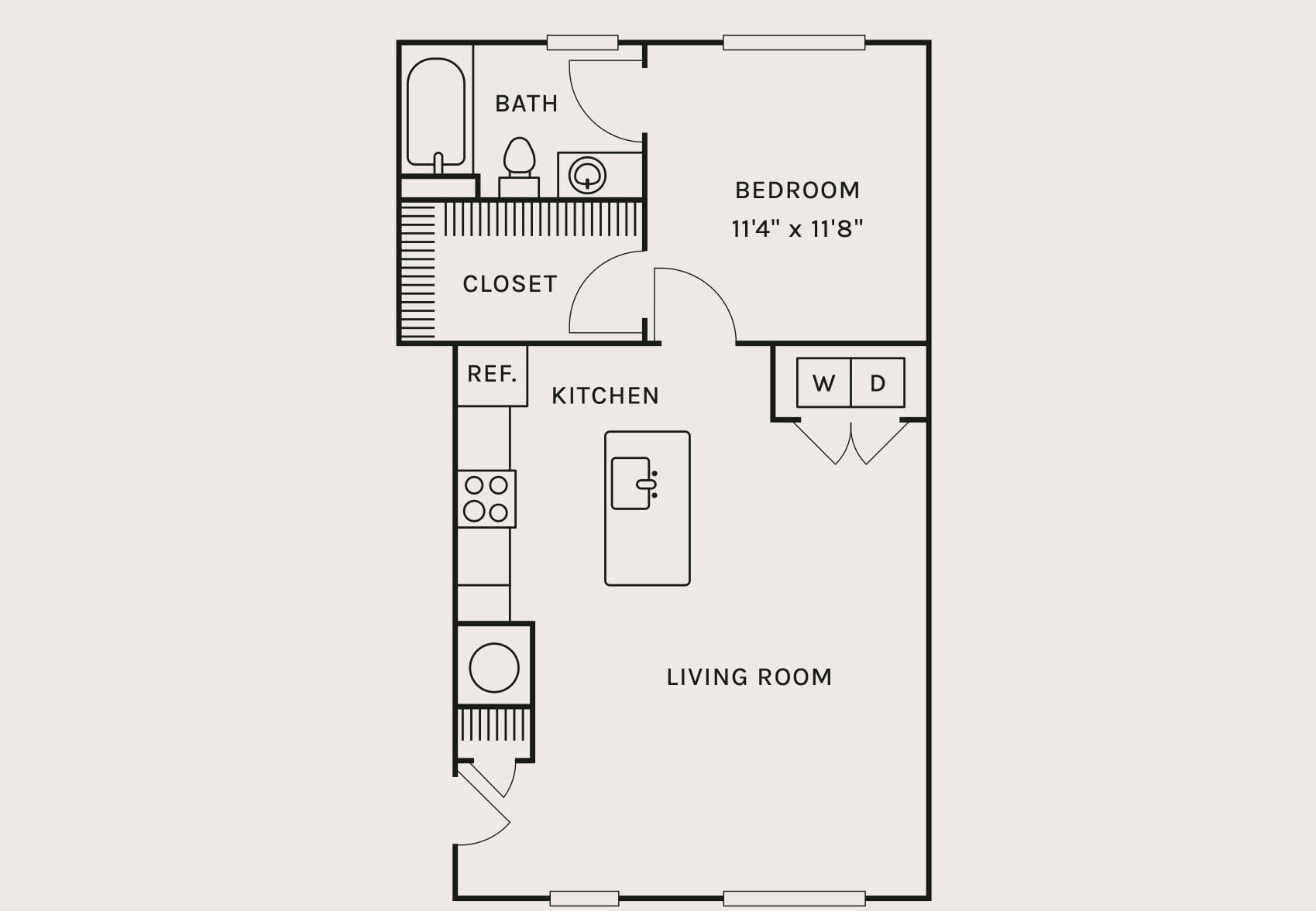 Floor plan for 1 bed, 1 bath, 750 sqft